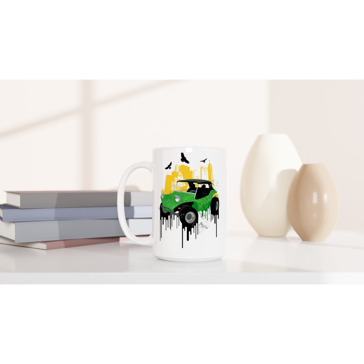 White 15oz Ceramic Mug - Dune Buggy with City Background and Birds. Graphic Paint.