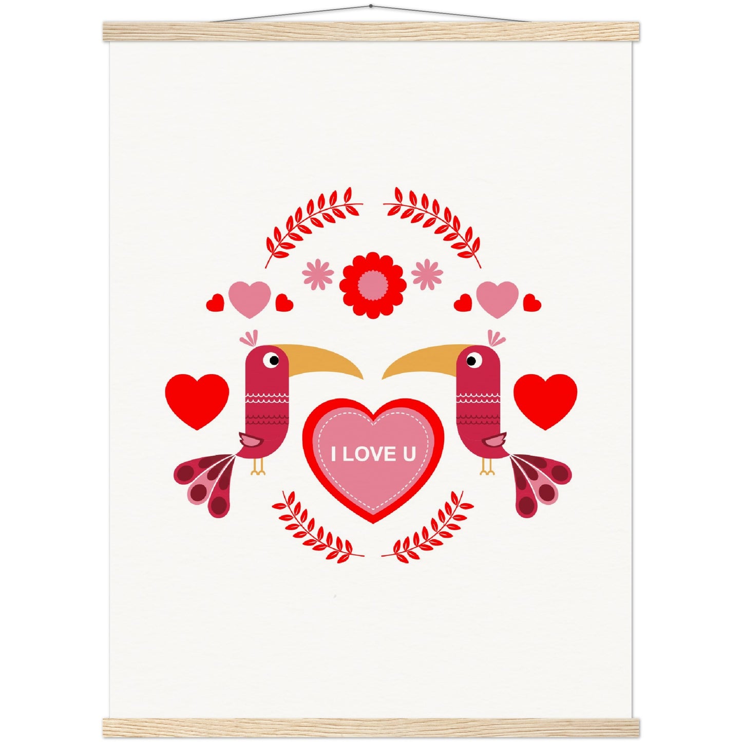 Museum-Quality Matte Paper Poster & Hanger - Birds Morrored with Floral-Botanical and Hearts - Valentine