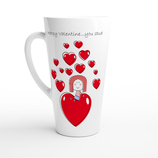 White Latte 17oz Ceramic Mug - Girl sitting on Heart - Valentine